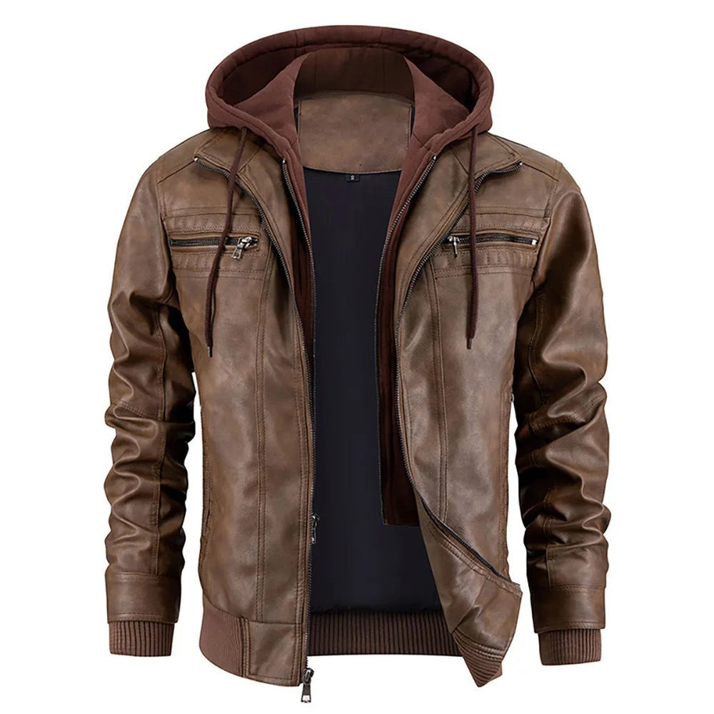 Easton Vale - Leather-Look Coat Contrast Hood Zip Front