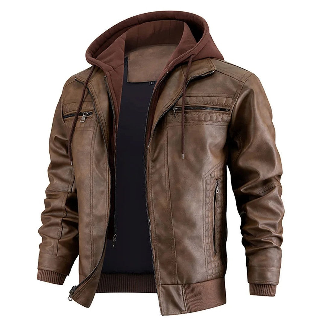 Easton Vale - Leather-Look Coat Contrast Hood Zip Front