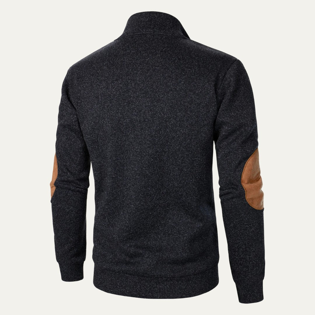 Fleece Stand Collar Sweater with Suede-Look Elbow Patches