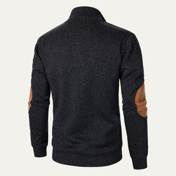 Fleece Stand Collar Sweater with Suede-Look Elbow Patches