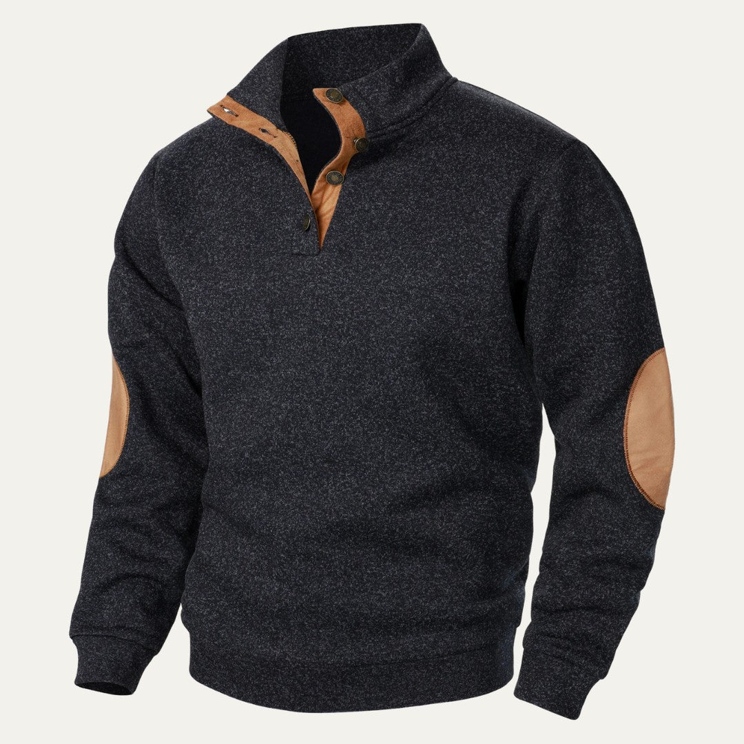 Fleece Stand Collar Sweater with Suede-Look Elbow Patches