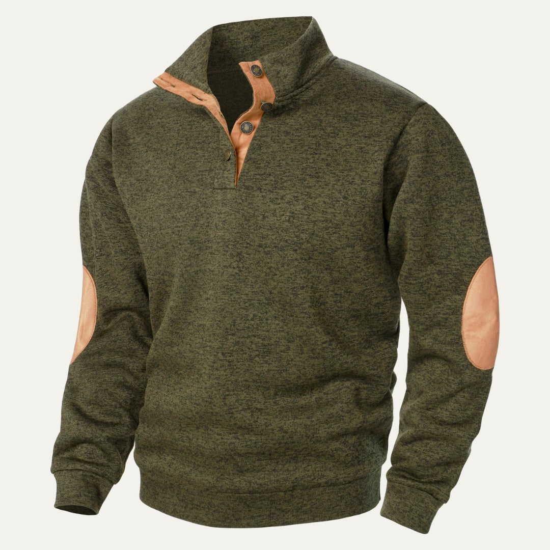 Fleece Stand Collar Sweater with Suede-Look Elbow Patches