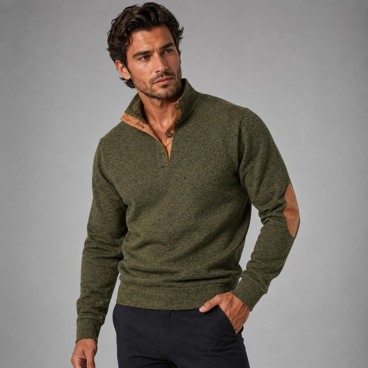 Fleece Stand Collar Sweater with Suede-Look Elbow Patches