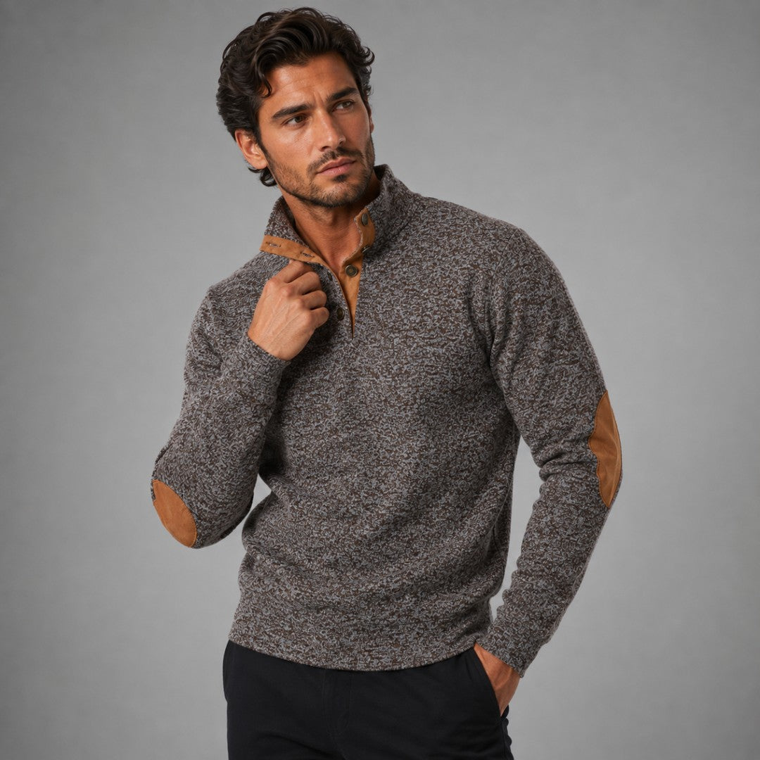 Fleece Stand Collar Sweater with Suede-Look Elbow Patches