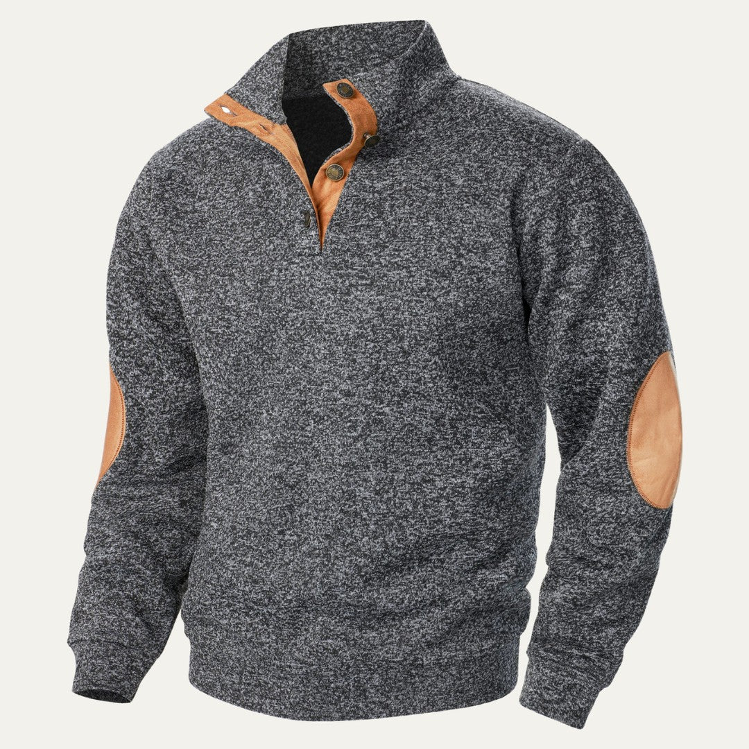Fleece Stand Collar Sweater with Suede-Look Elbow Patches