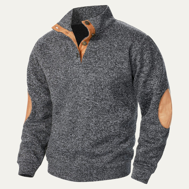 Fleece Stand Collar Sweater with Suede-Look Elbow Patches
