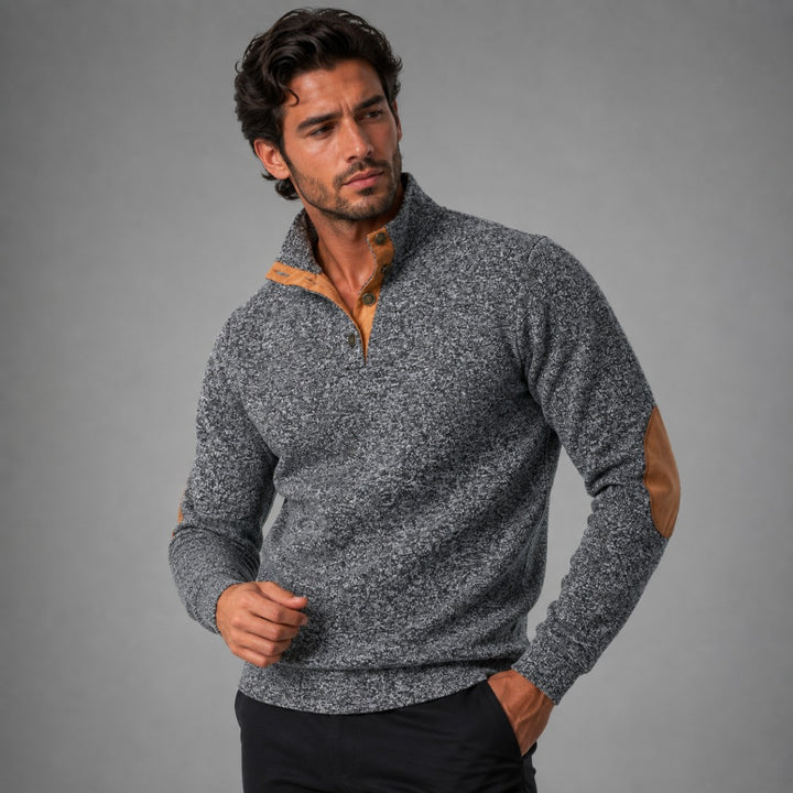 Fleece Stand Collar Sweater with Suede-Look Elbow Patches