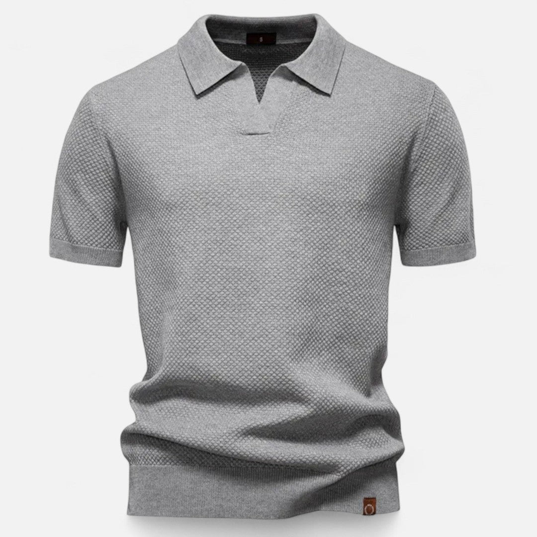 Textured Pattern Knit Polo Shirt - Light Grey