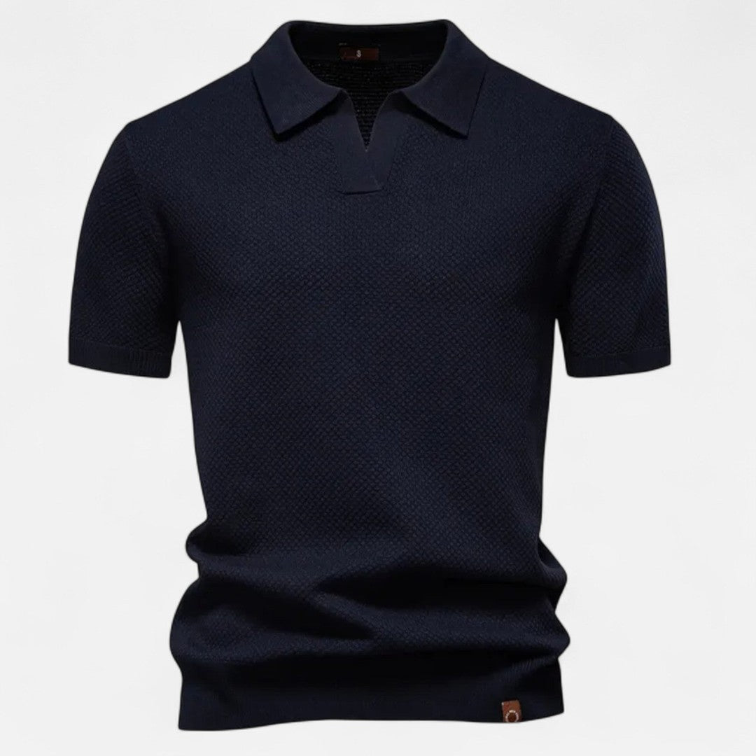 Textured Pattern Knit Polo Shirt - Navy