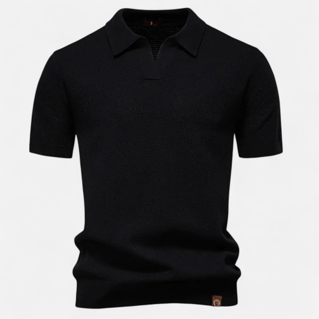 Textured Pattern Knit Polo Shirt - Black