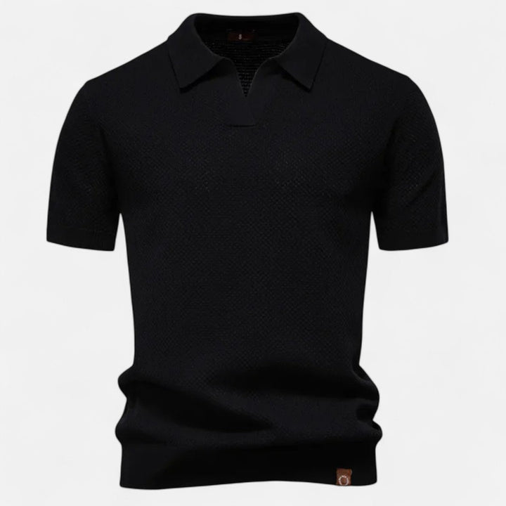 Textured Pattern Knit Polo Shirt - Black