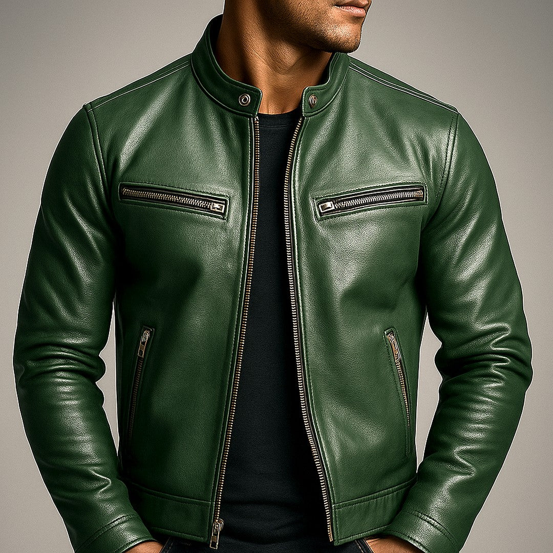 Vintage-Style Leather-Look Jacket - Green