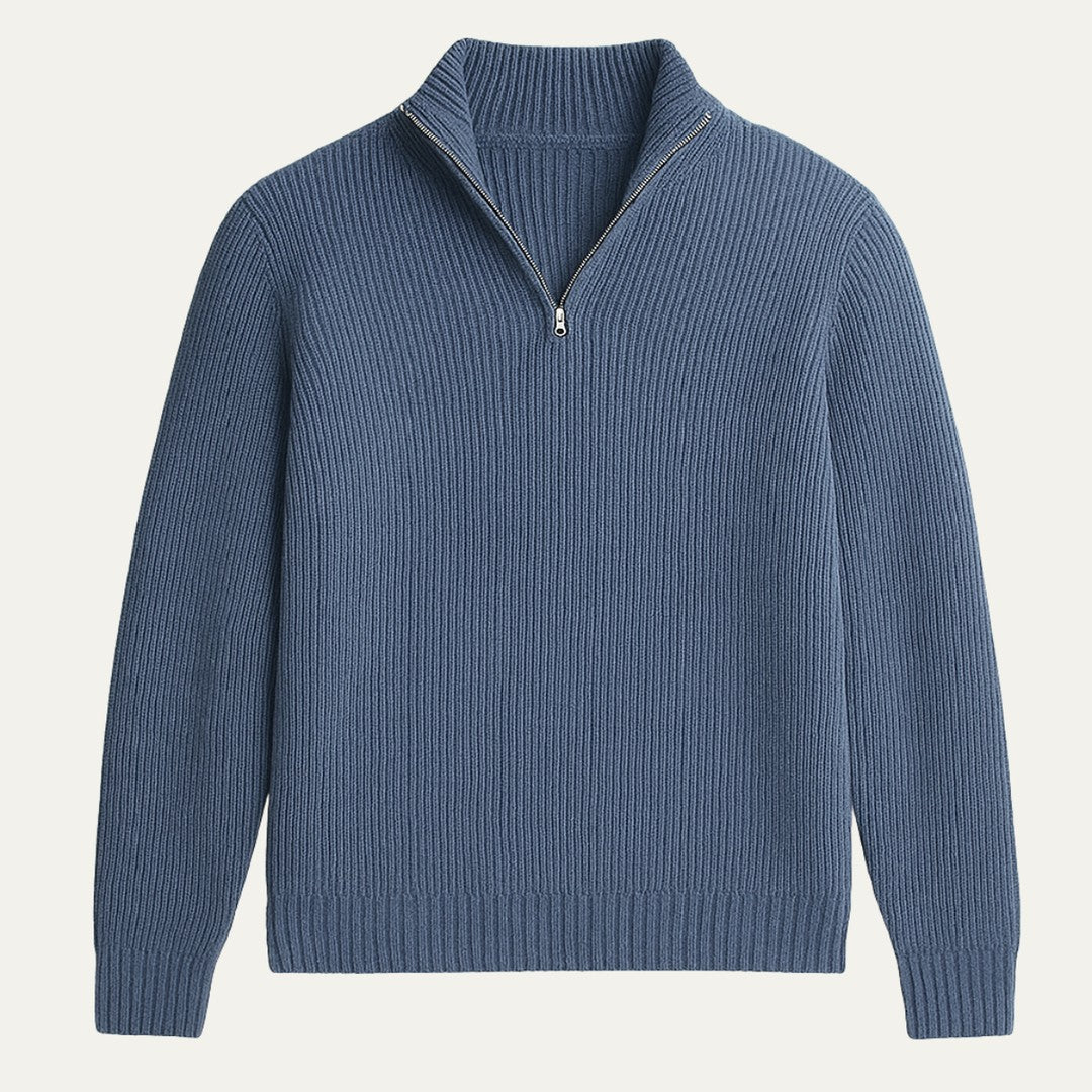 Chunky Ribbed Half-Zip Knit Sweater with Stand Collar