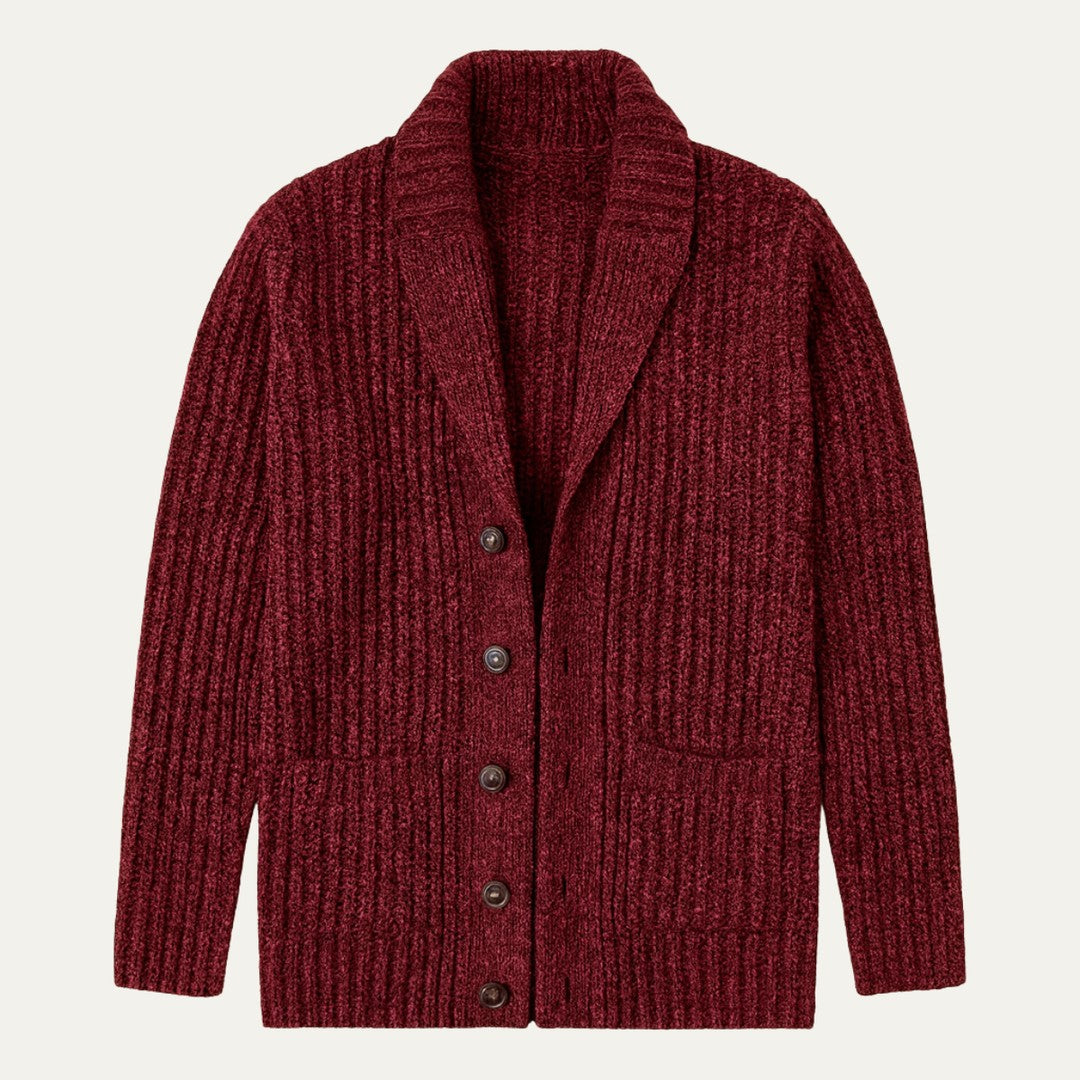 Chunky Rib-Knit Shawl Collar Cardigan with Patch Pockets