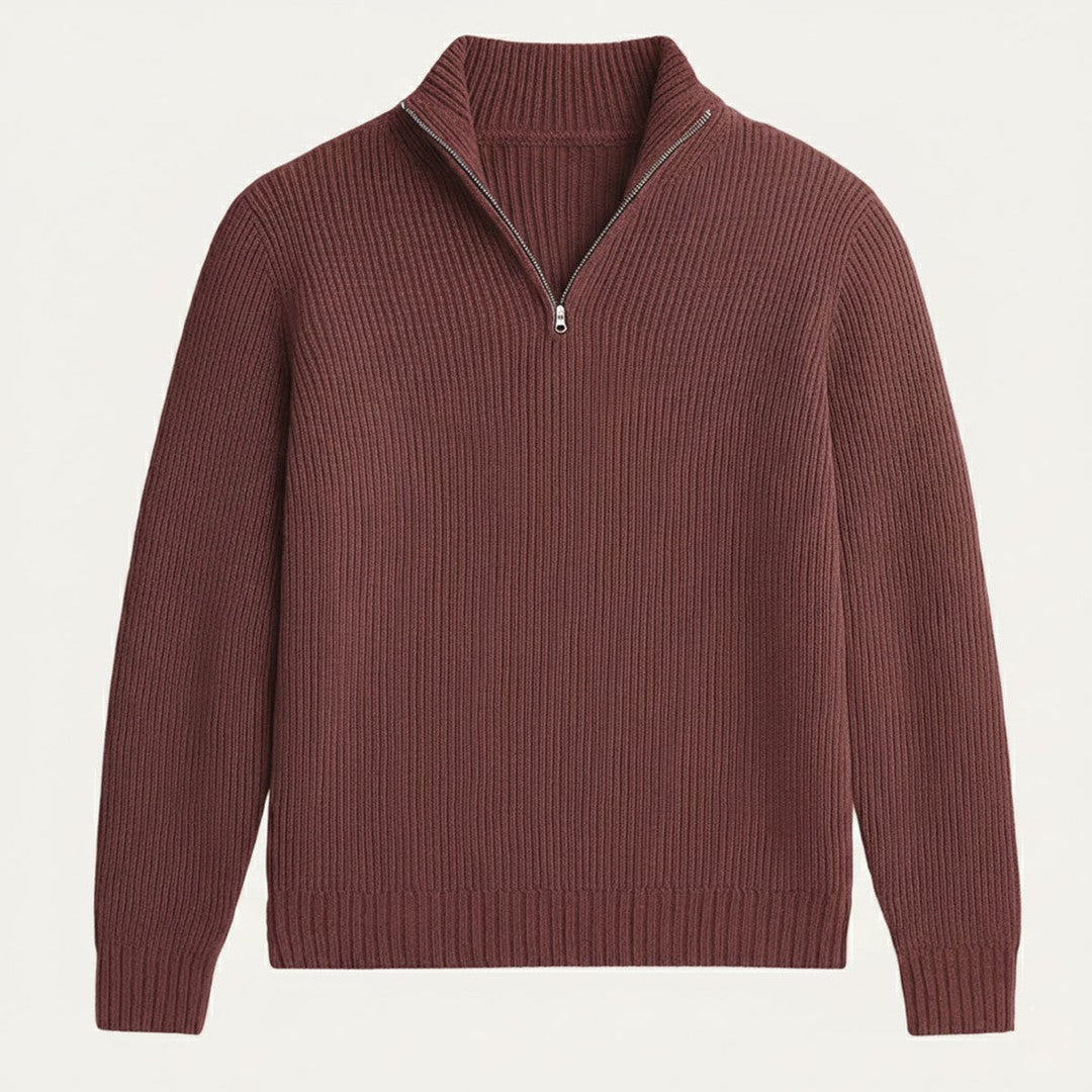Chunky Ribbed Half-Zip Knit Sweater with Stand Collar