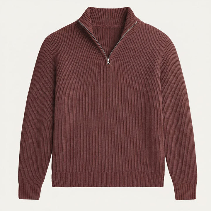 Chunky Ribbed Half-Zip Knit Sweater with Stand Collar
