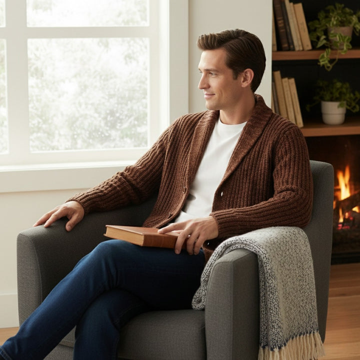 Chunky Rib-Knit Shawl Collar Cardigan with Patch Pockets