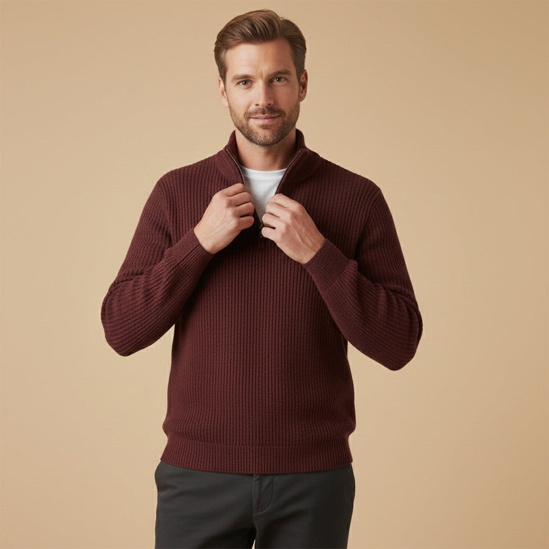 Chunky Ribbed Half-Zip Knit Sweater with Stand Collar