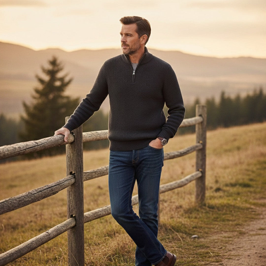 Chunky Ribbed Half-Zip Knit Sweater with Stand Collar