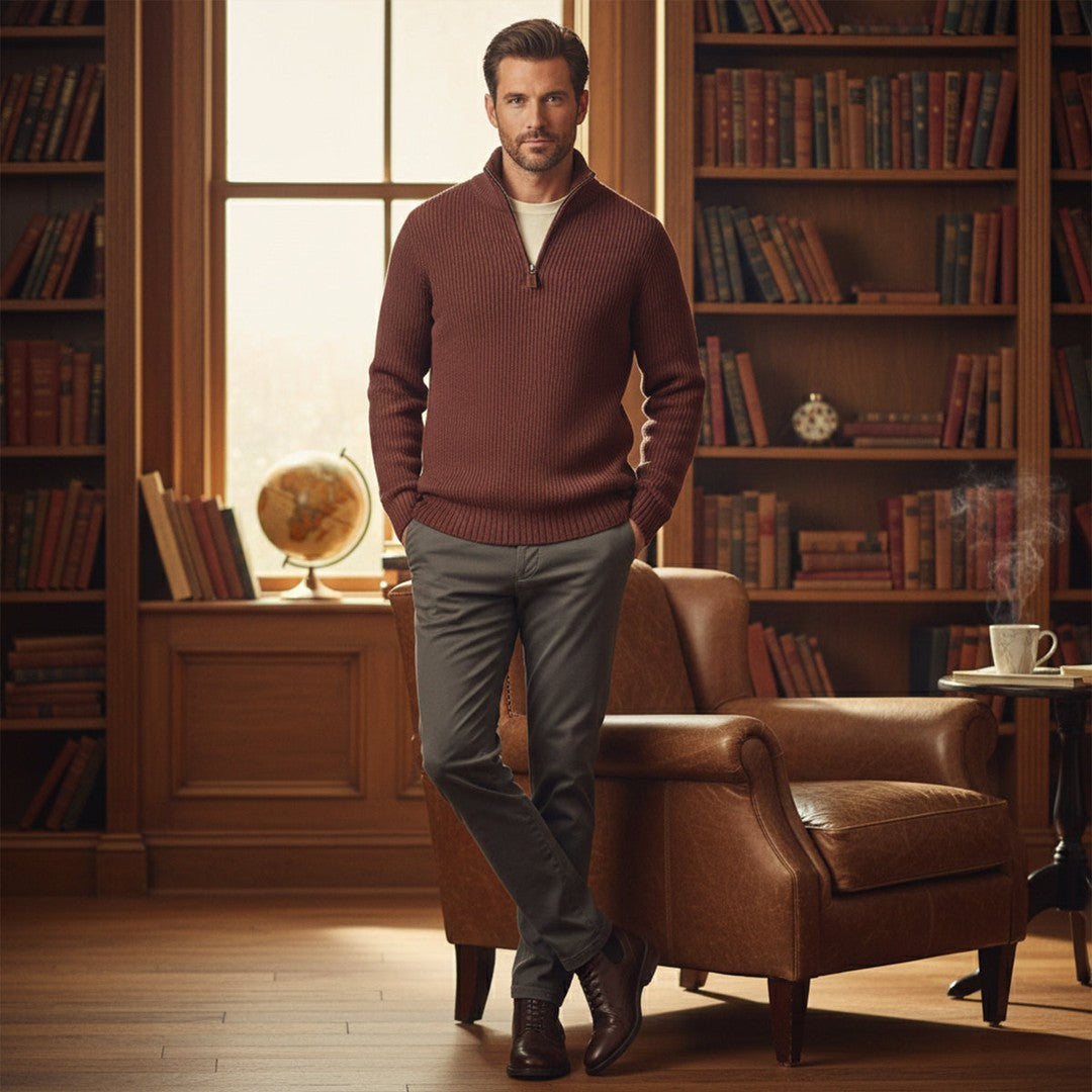 Chunky Ribbed Half-Zip Knit Sweater with Stand Collar