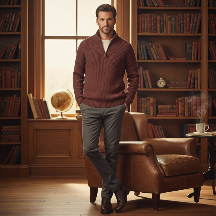 Chunky Ribbed Half-Zip Knit Sweater with Stand Collar