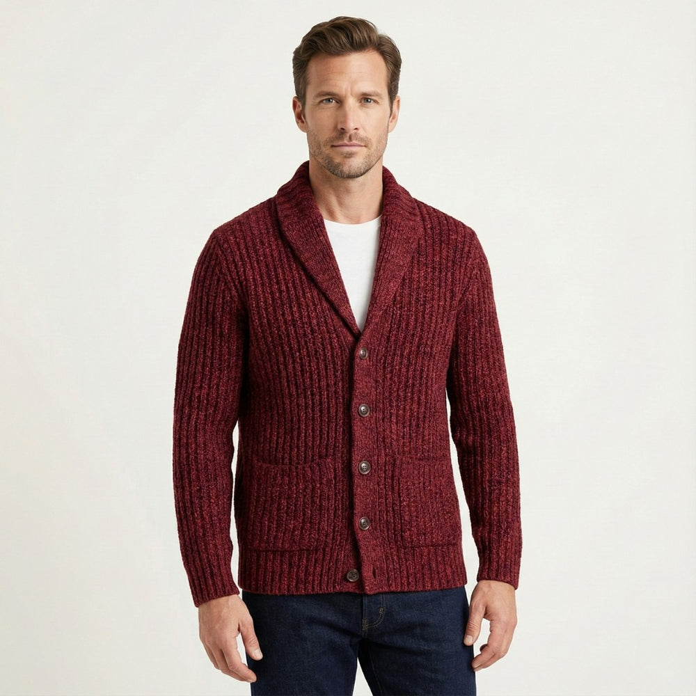 Chunky Rib-Knit Shawl Collar Cardigan with Patch Pockets