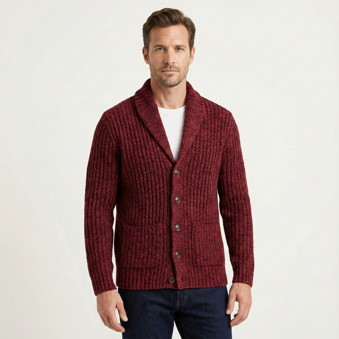 Chunky Rib-Knit Shawl Collar Cardigan with Patch Pockets