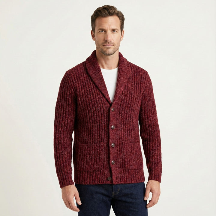 Chunky Rib-Knit Shawl Collar Cardigan with Patch Pockets
