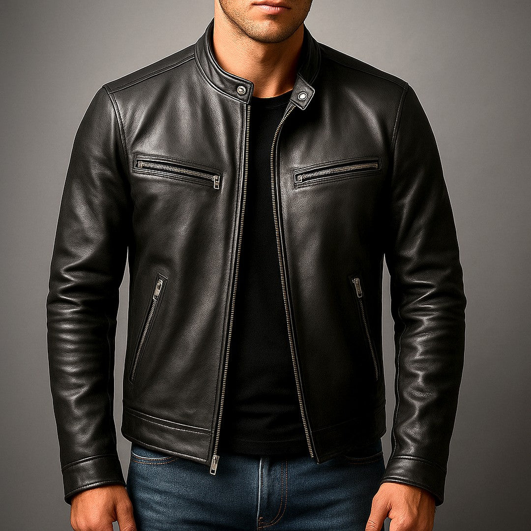 Vintage-Style Leather-Look Jacket - Black