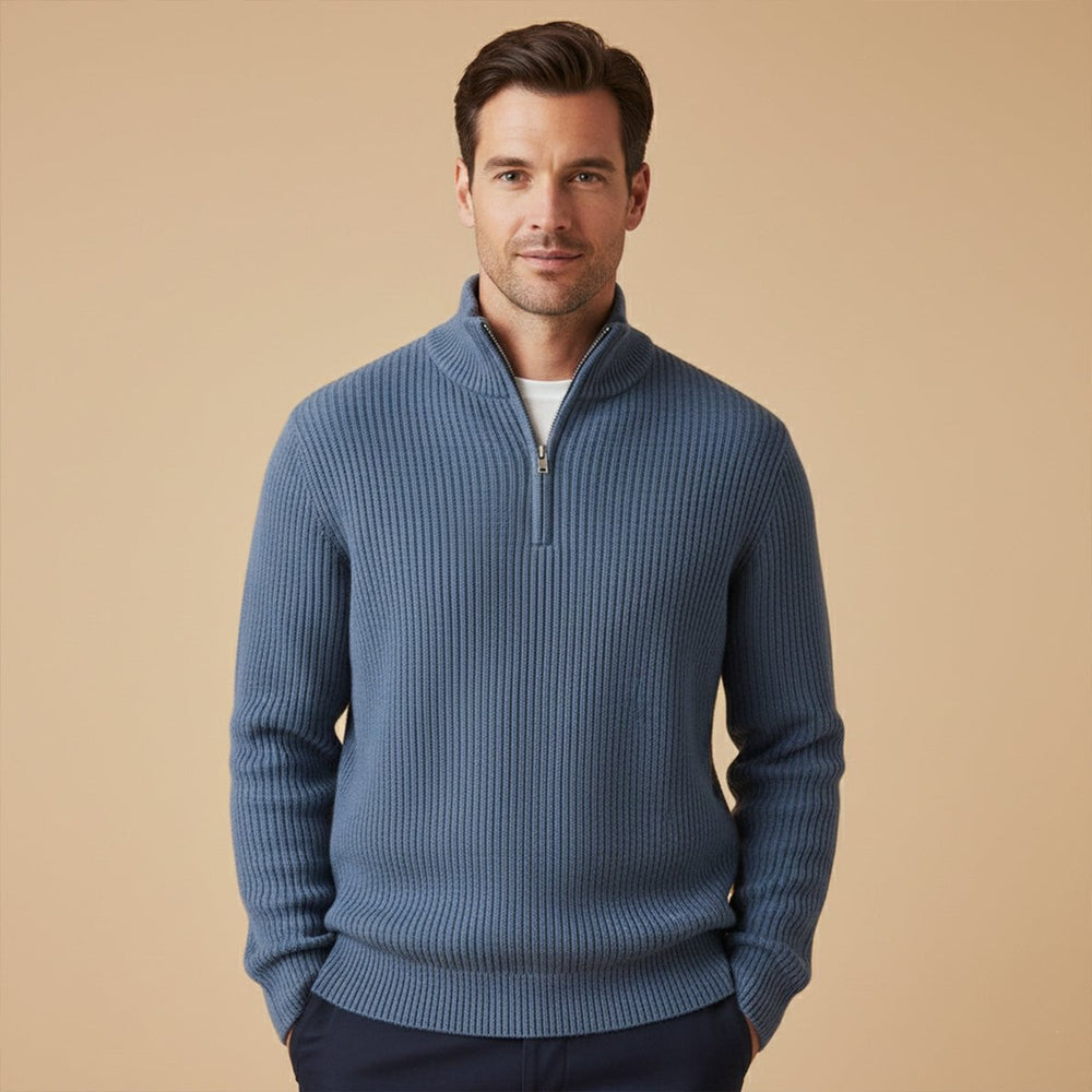 Chunky Ribbed Half-Zip Knit Sweater with Stand Collar