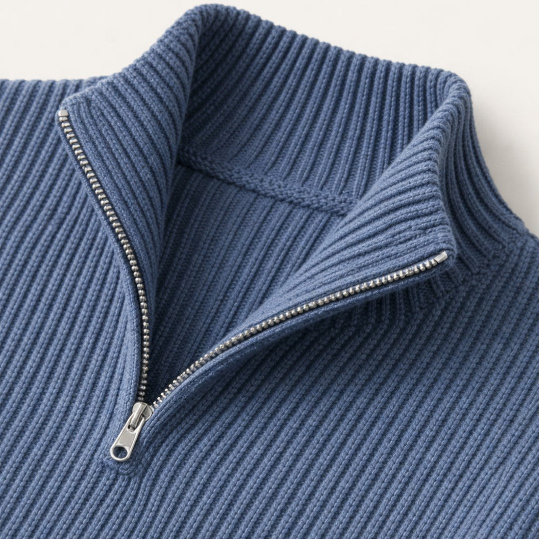 Chunky Ribbed Half-Zip Knit Sweater with Stand Collar