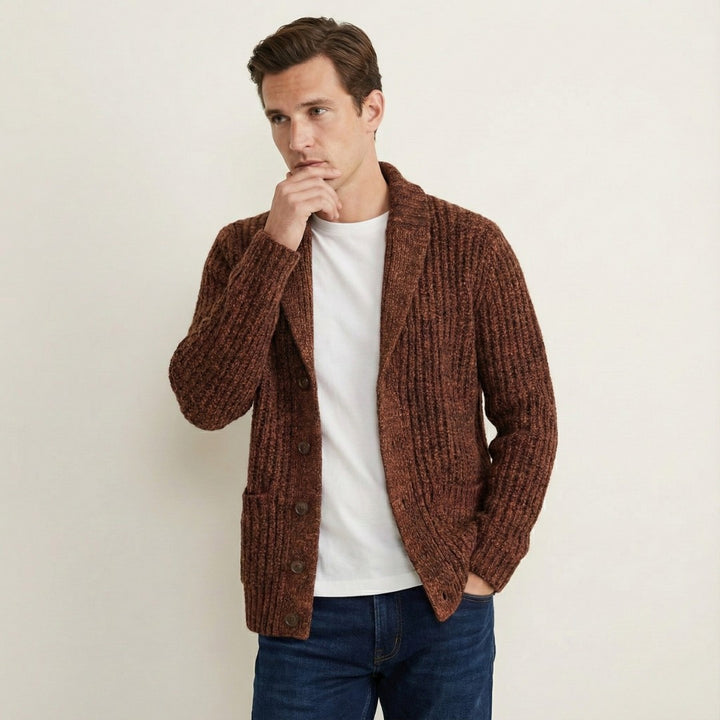 Chunky Rib-Knit Shawl Collar Cardigan with Patch Pockets