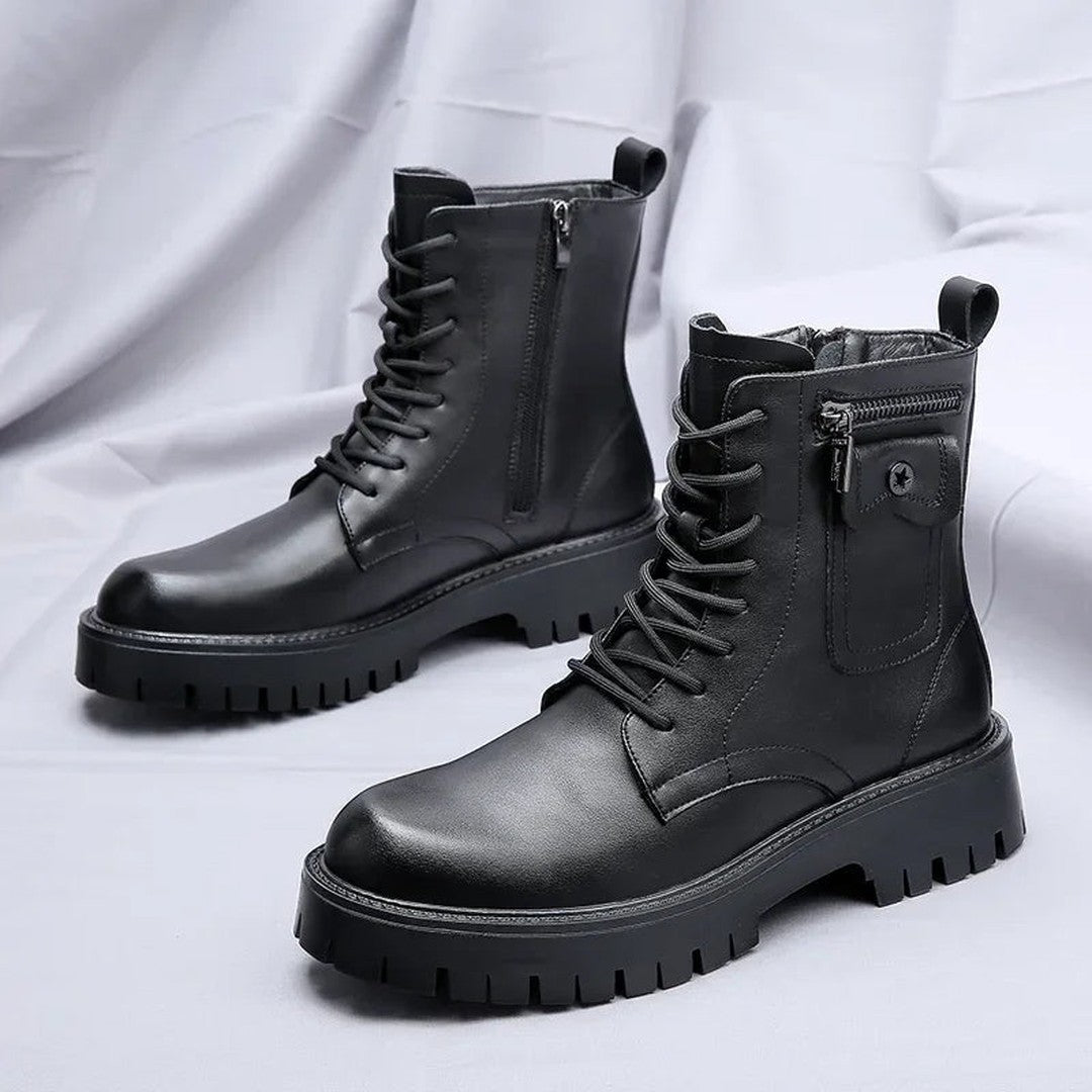 Chunky Lace-Up Boots with Side Zip and Pouch Pocket