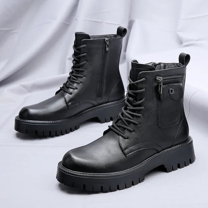 Chunky Lace-Up Boots with Side Zip and Pouch Pocket