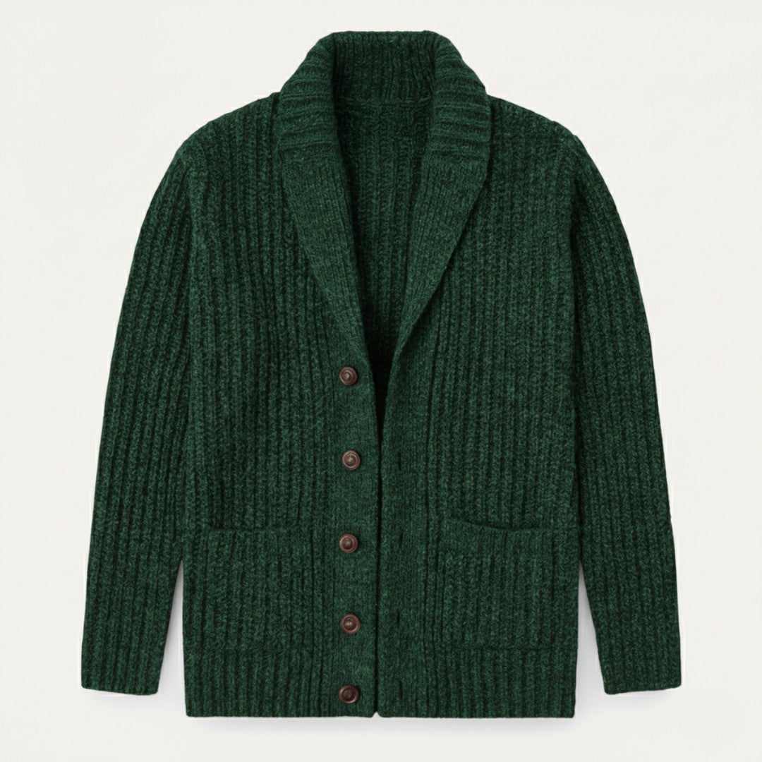 Chunky Rib-Knit Shawl Collar Cardigan with Patch Pockets