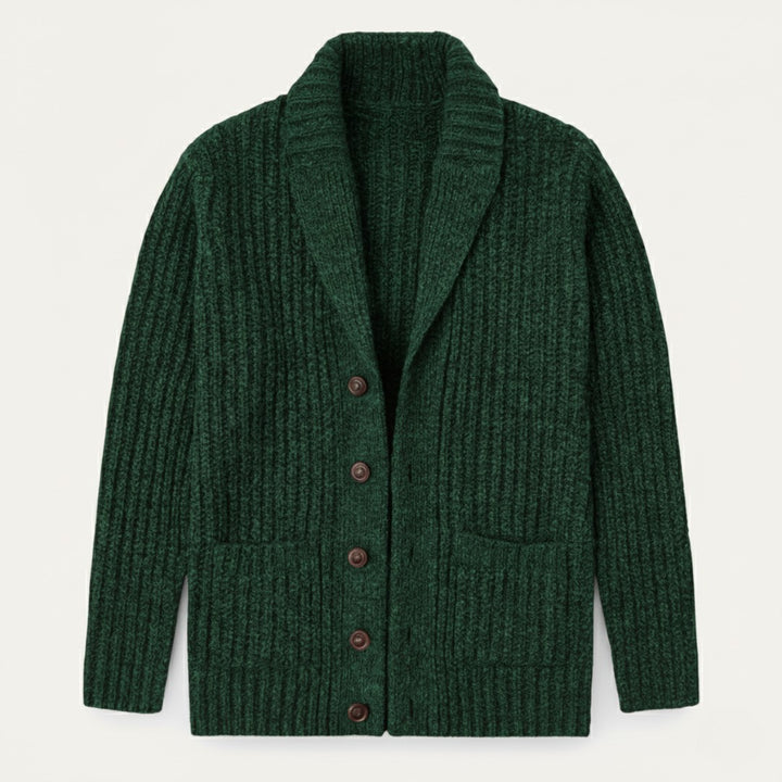 Chunky Rib-Knit Shawl Collar Cardigan with Patch Pockets