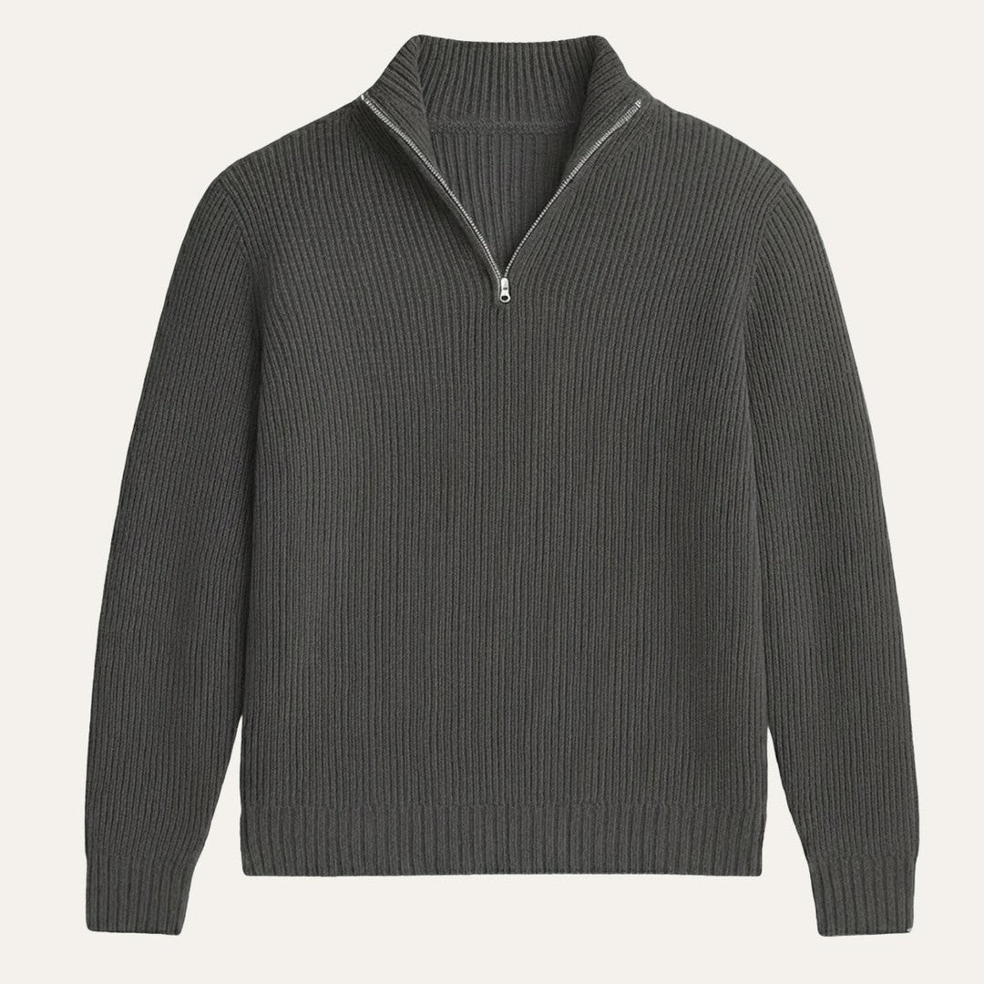 Chunky Ribbed Half-Zip Knit Sweater with Stand Collar