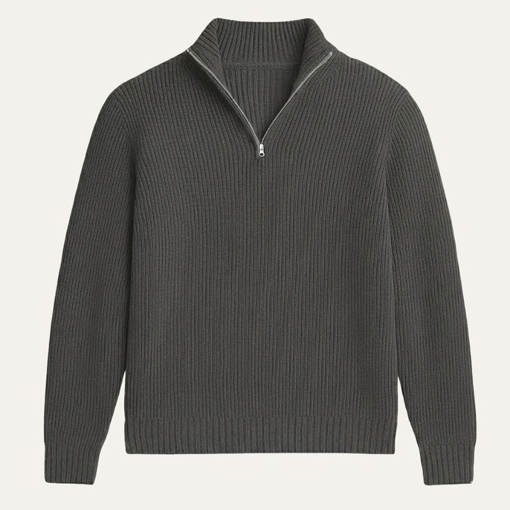 Chunky Ribbed Half-Zip Knit Sweater with Stand Collar