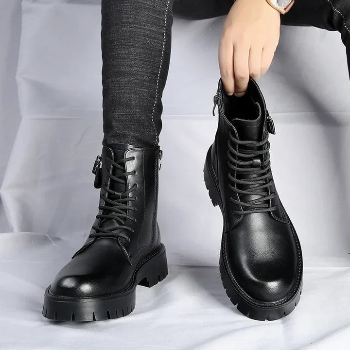 Chunky Lace-Up Boots with Side Zip and Pouch Pocket