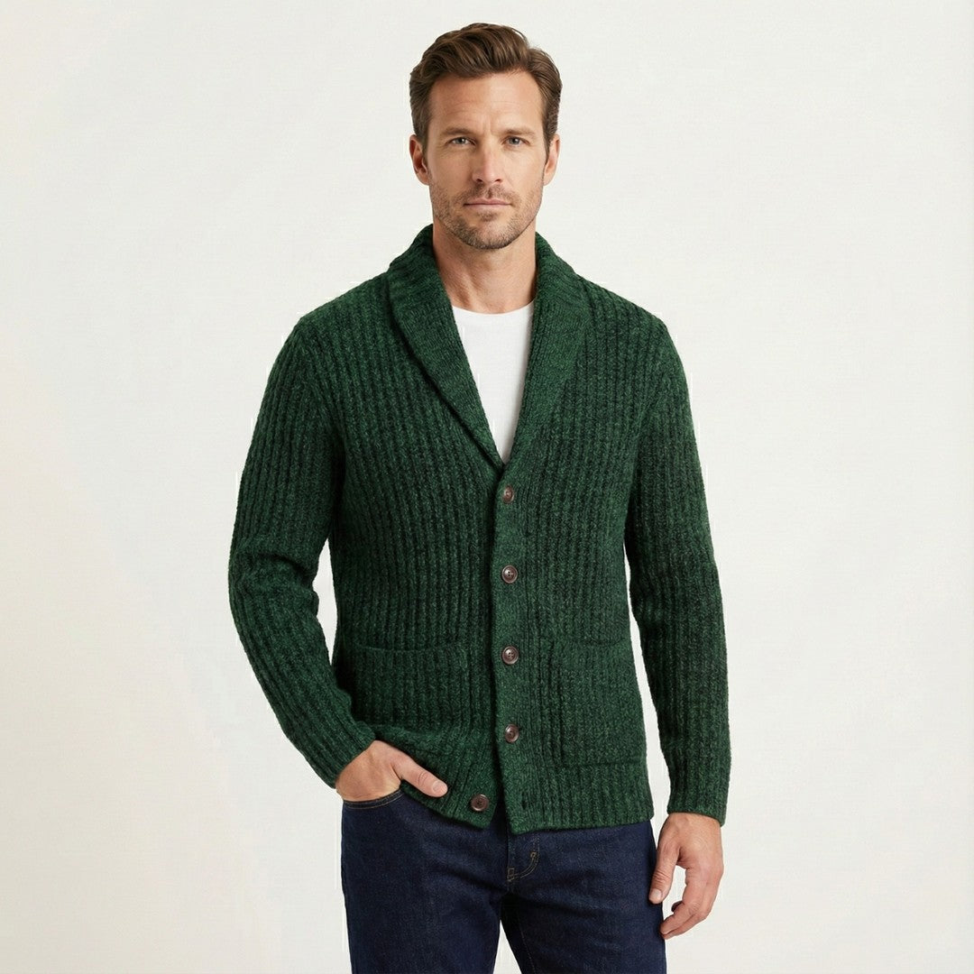 Chunky Rib-Knit Shawl Collar Cardigan with Patch Pockets