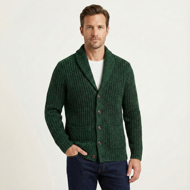 Chunky Rib-Knit Shawl Collar Cardigan with Patch Pockets