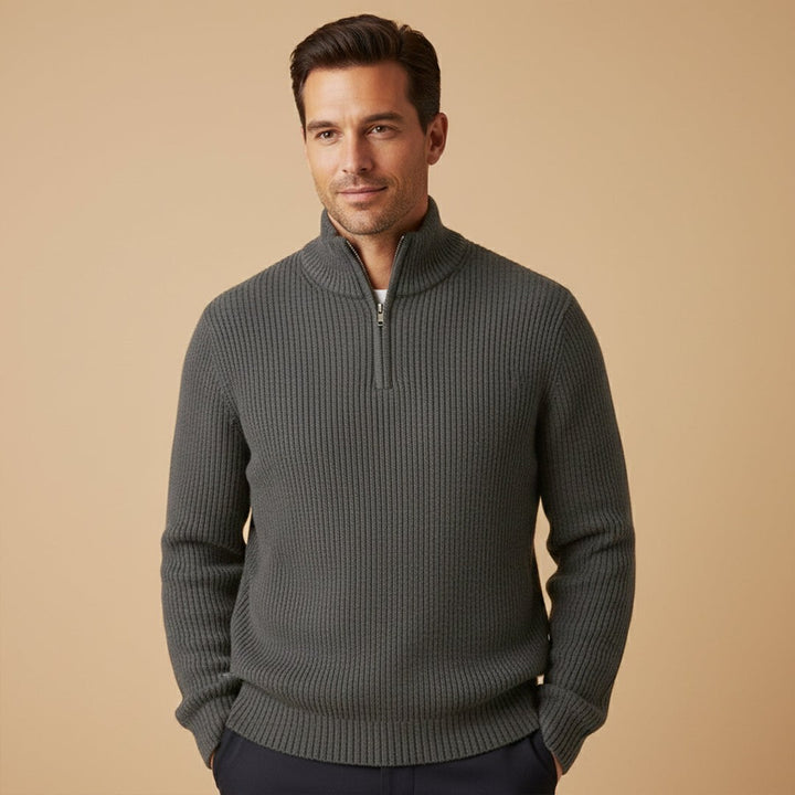 Chunky Ribbed Half-Zip Knit Sweater with Stand Collar