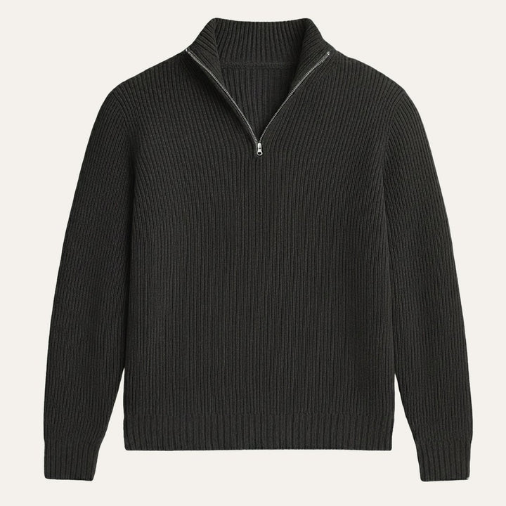 Chunky Ribbed Half-Zip Knit Sweater with Stand Collar