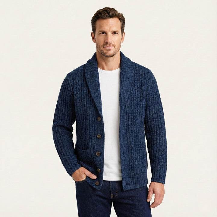 Chunky Rib-Knit Shawl Collar Cardigan with Patch Pockets