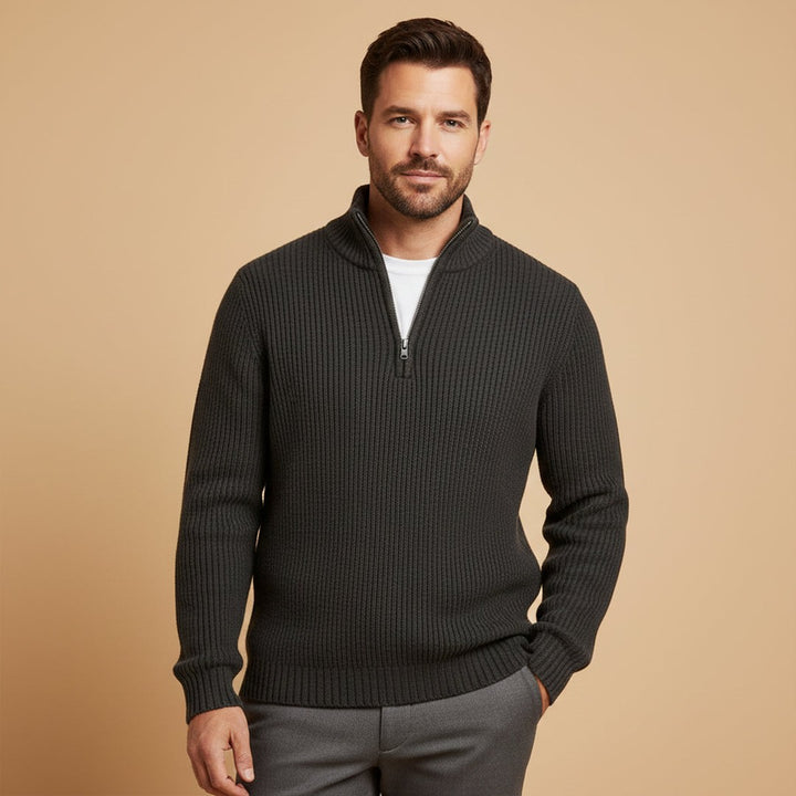Chunky Ribbed Half-Zip Knit Sweater with Stand Collar