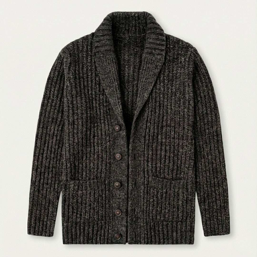 Chunky Rib-Knit Shawl Collar Cardigan with Patch Pockets