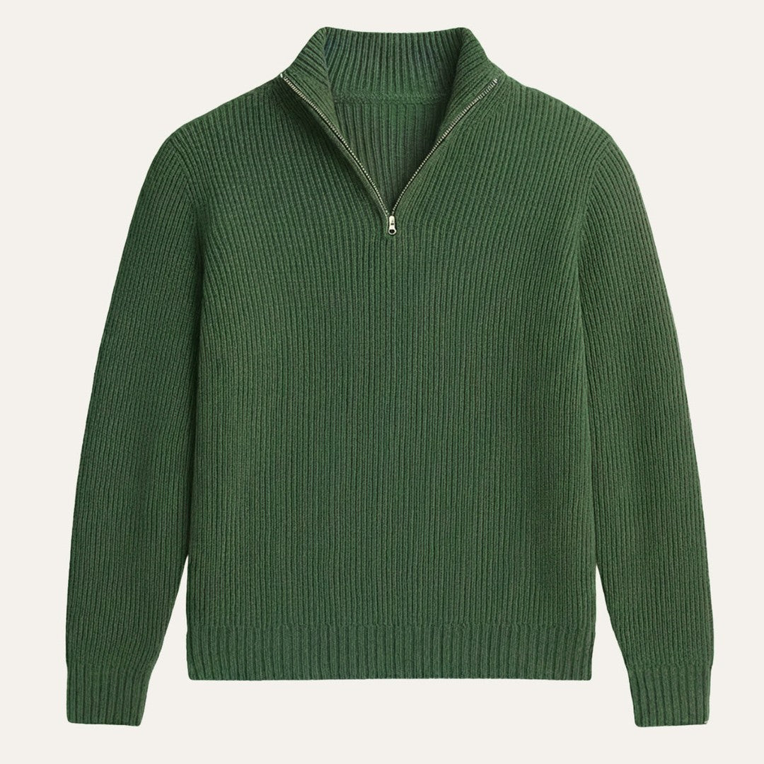 Chunky Ribbed Half-Zip Knit Sweater with Stand Collar