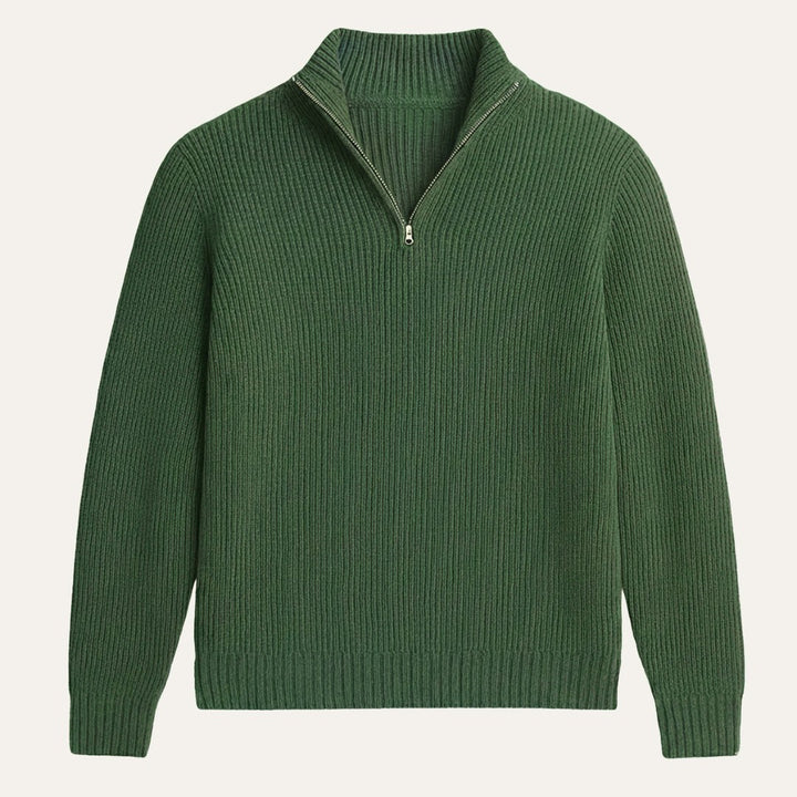 Chunky Ribbed Half-Zip Knit Sweater with Stand Collar