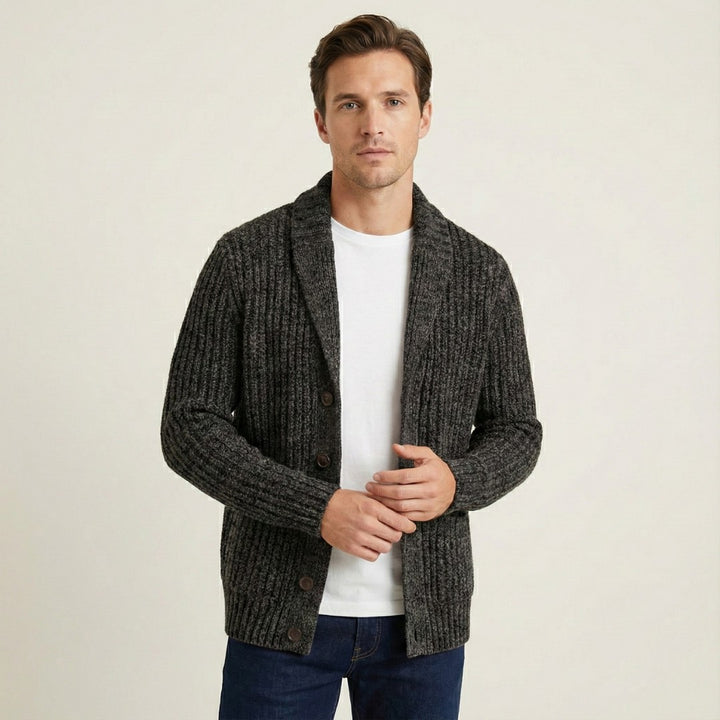 Chunky Rib-Knit Shawl Collar Cardigan with Patch Pockets