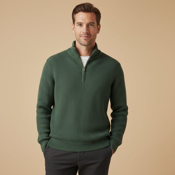 Chunky Ribbed Half-Zip Knit Sweater with Stand Collar